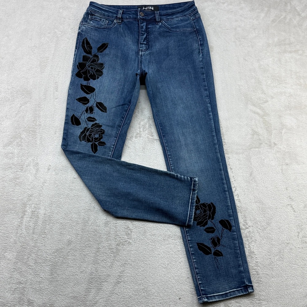Joseph Ribkoff Jeans Womens 10 Blue Floral Flock Straight Leg Stretch Chic Denim